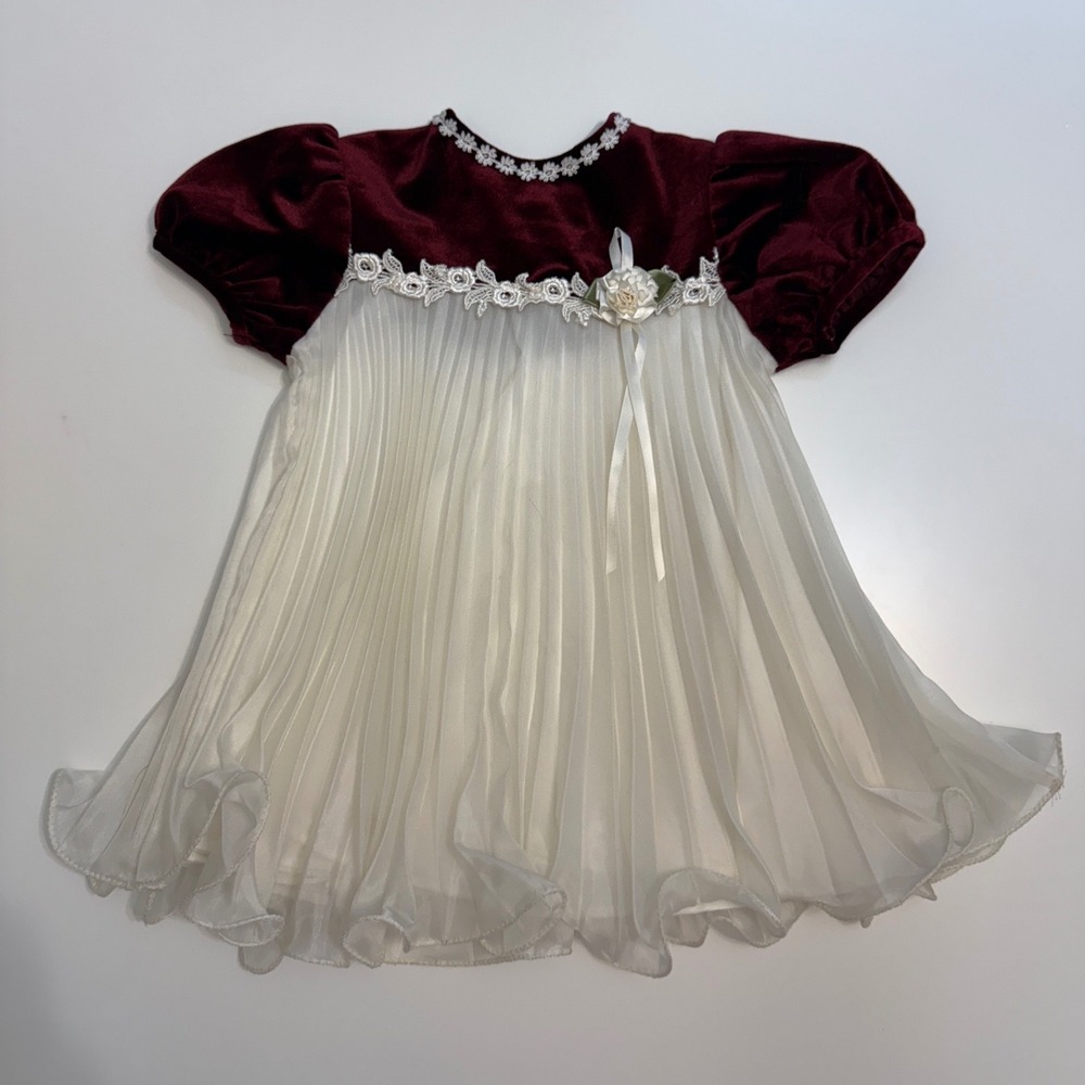 Vintage Baby Dress 2T Burgundy Velvet Cream Pleated Chiffon Cottagecore Dress